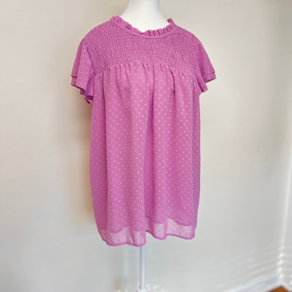 Blouse, Mauve, EUC, Ruffled Women's Top, 100% Polyester, smocked upper, sz Lg
